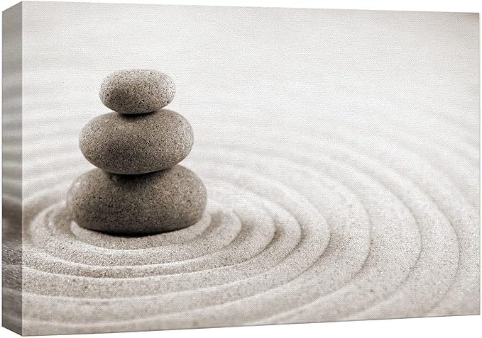 wall26 Canvas Print Wall Art Rock Stack On Gray Zen Sand Garden Floral Nature Photography Realism Bohemian Scenic Relax/Calm Cool for Living Room, Bedroom, Office - 16"x24"