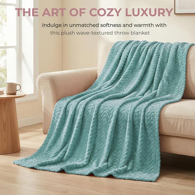 Exclusivo Mezcla Soft Fleece Blanket Twin Size for Bed, Sofa, Celadon | 90"x66" Breathable Lightweight Flannel Blanket for Summer, Plush Cozy Jacquard Wave for Home Decor