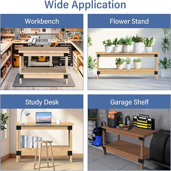 2' x 4' Basics Workbench Kit, 8 PCS Heavy Duty 3-Way Brackets for Garage Workbench Legs Brackets, Metal DIY Work Bench Kit Suitable for Shelving, Work Table, Lumber Not Included