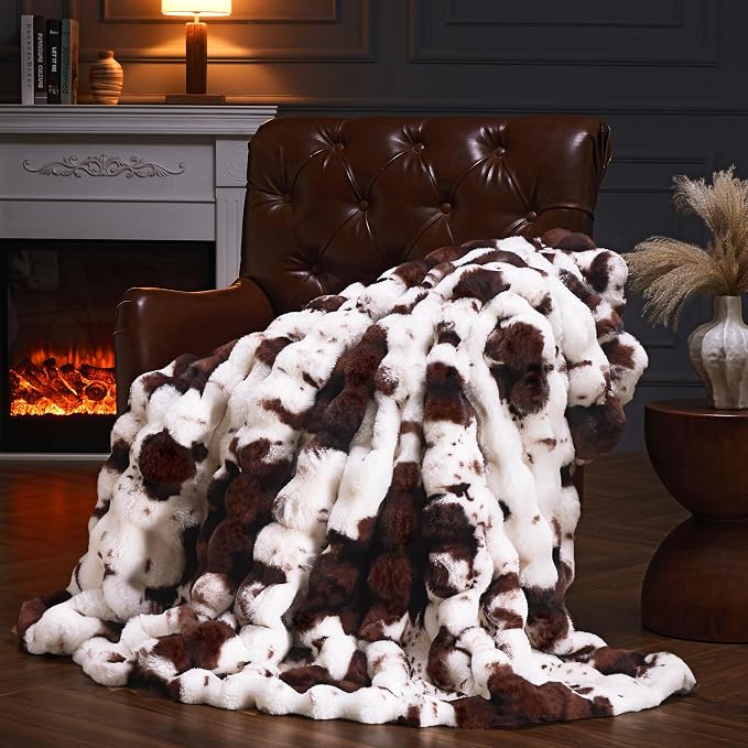 Faux Fur Throw Blanket for Couch, Fluffy Fuzzy Plush Bubble Blanket, Soft Warm Cozy Shaggy Rabbit Blanket, Luxury Decorative Gifts for Sofa Bedroom Living Room, 60x80inch (Cow Print-Brown)