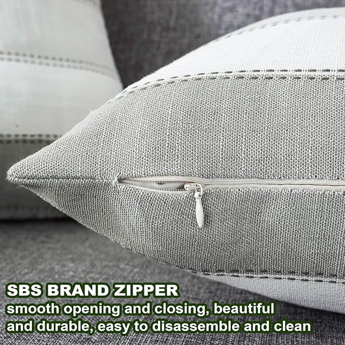 Pack of 2 Farmhouse Stripe Check Throw Pillow Covers Set Case Cotton Linen Decorative Pillowcases Cushion Cover for Couch Bench Sofa 24x24Inch Dark Grey Beige