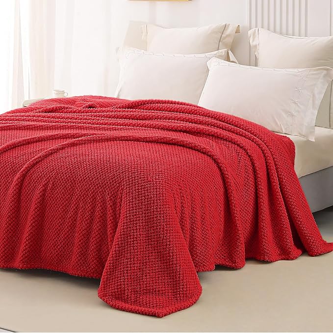 Whale Flotilla Soft Fleece King Size Bed Blanket, Red | 90x104 Inch, Suitable for Bed, Fluffy Fuzzy Jacquard Blankets for All Season, Lightweight and Cozy