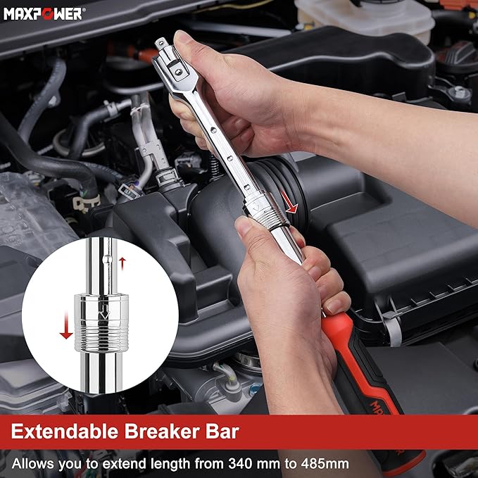 MAXPOWER Extendable Breaker Bar, Dual Head 1/2" & 3/8" Drive 360° Flex Head Cheater Bar, 5-Gear Extending Locking, Extendable Handle 13-3/8" to 18"