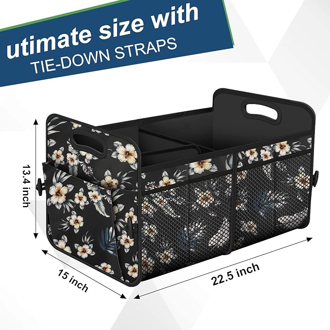 Femuar Car Trunk Organizer,Car Storage Organizer with 72L Large Capacity Waterproof Collapsible and 11 Pockets,Trunk Organizer for Car Suv/Jeep/Sedan, Large Size, Hibiscus flowers