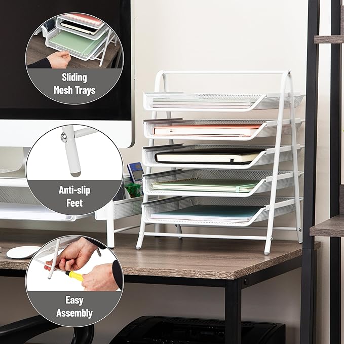 Mind Reader 5-Tier Paper Tray Organizer, White | Vertical Desktop File Storage Rack, Office, Metal Mesh
