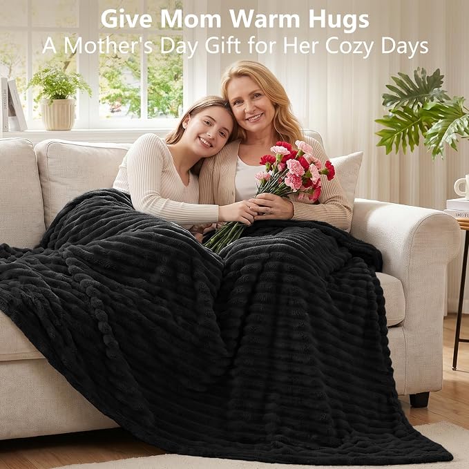 Black Twin Blanket for Bed & Couch, 60 x 80 Inch | 300GSM Ribbed Fleece Blanket, Soft, Cozy & Lightweight, OEKO-TEX Certified, All-Season Use for Travel, Dorm & Home Decor