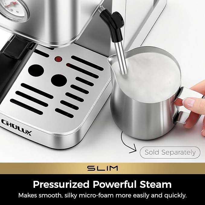 CHULUX Slim Espresso Machine with Milk Frother for Home Cappuccino & Latte | Precise Pressure Gauge, Food-Grade Materials, 20 Bar Italian Pump, Professional Temperature Control System, Stainless Steel