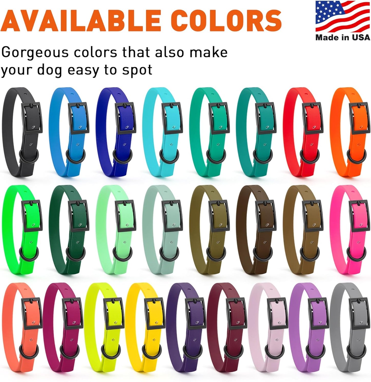 Dogline Biothane Waterproof Dog Collar Strong Coated Nylon Webbing with Black Hardware Odor- Proof for Easy Care Easy to Clean High Performance Fits Small Medium or Large Dogs, Hunter Orange