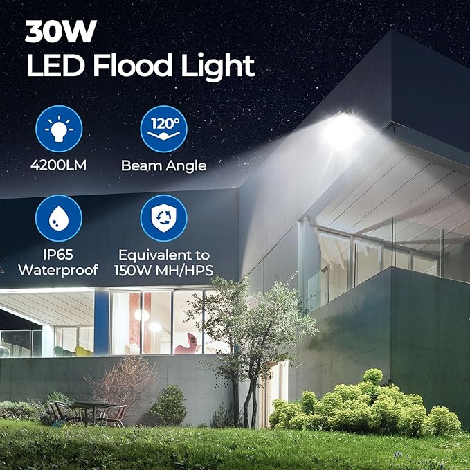 CINOTON 30W LED Flood Lights Outdoor, 4200LM IP65 Waterproof Security Wall Pack Lighting Fixture with 180° Knuckle for Court Porch Patio Garage 5000K Daylight AC 100-277V 1 Pack