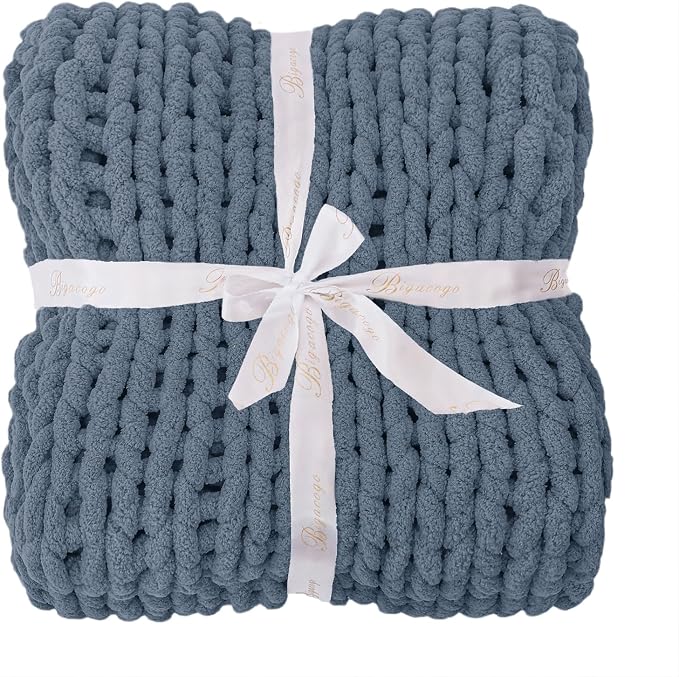 Bigacogo Chunky Knit Throw Blanket for Couch, 51x63 inches, Cold Sea Blue | Hand Knit with Jumbo Chenille, Soft Breathable Cable Knit for Sofa Bed Living Room, Machine Washable, Gift for Mom Friend