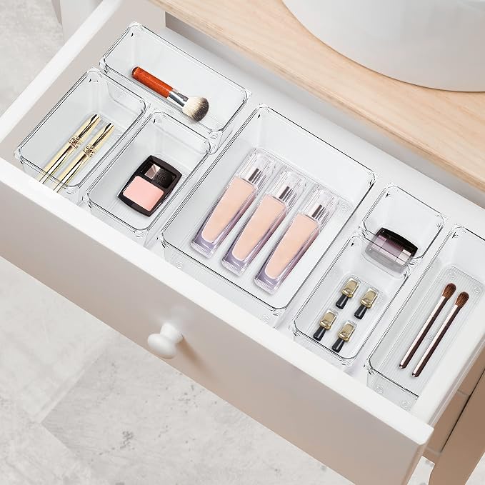 Ravinte 6 Pack Drawer Organizer, 6" x 6" Plastic Storage Bins | Acrylic Tray Design, Non-Slip Pads, For Makeup, Jewelry, Kitchen Utensils, Bathroom, Office Storage