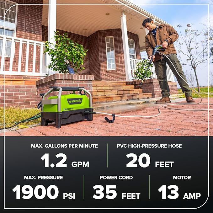 Greenworks 1900 PSI (SGS Certified) 1.2 GPM 13Amp Portable Compact Electric Pressure Washer, Power Washer for Cars, Driveways, Patios, Patio Furniture & Around Pools
