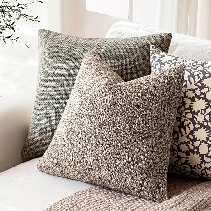 Foindtower Set of 2, Decorative Textured Boucle Throw Pillow Covers Accent Solid Pillow Cases Neutral Soft Cozy Couch Cushion Case for Chair Sofa Bedroom Living Room Home Decor 16x16 Inch Light Taupe