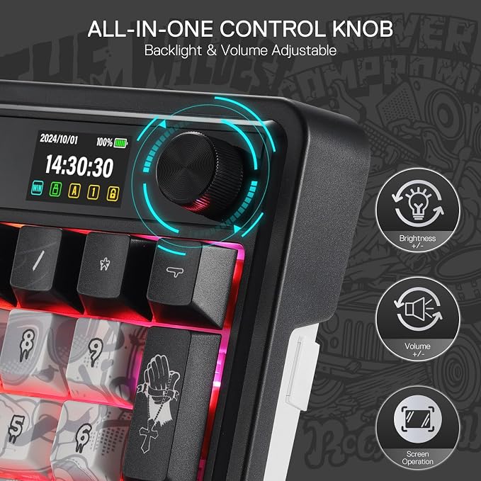 Redragon K719 PRO Wireless 95-Key Gasket Gaming Keyboard, TFT Screen & Knob | Easy-Control LED Info Display, 0-Delay Tri-Mode, Cushioned 5-Layer Noise Dampening for Creamy Thocky Sound, Practical 95 keys