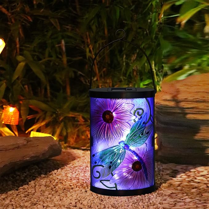 Afirst Solar Lantern Outdoor Hanging Glass Solar Dragonfly Lights Waterproof Led Lamp for Garden Yard Tree Desk Decor