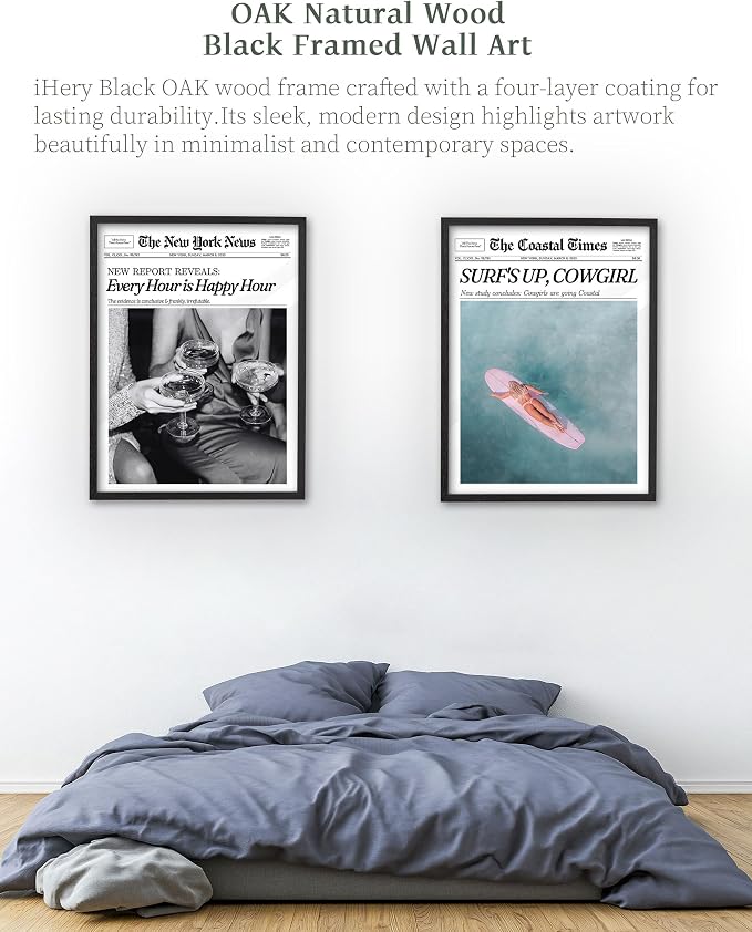 iHery 12x16in Surf’s Up Cowgirl Black Framed Newspaper Wall Art | Premium Black Natural OAK Wood Frame with Canvas Print, Coastal Western Decor for Bedroom, Girl Dorm, Living Room 1Pack