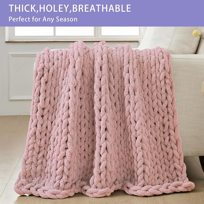 Bigacogo Chunky Knit Throw Blanket for Couch, 51x63 inches, Dusty Pink | Hand Knit with Jumbo Chenille, Soft Breathable Cable Knit for Sofa Bed Living Room, Machine Washable, Gift for Mom Friend