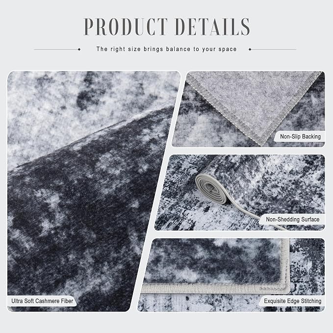 10x12 Area Rug Living Room Rug: Washable Modern Abstract Soft Thin Rug Indoor Floor No Slip Stain Resistant Carpet for Bedroom Dining Room Farmhouse Nursery Home Office - Black