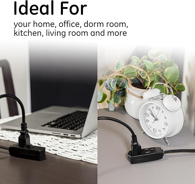 GE 3-Outlet Flat Extension Cord 15 Ft Grounded Extension Cord with Multiple Outlets 3 Prong Outlet Extender Flat Plug Indoor Power Strip 16 Gauge UL Listed Black, 56987