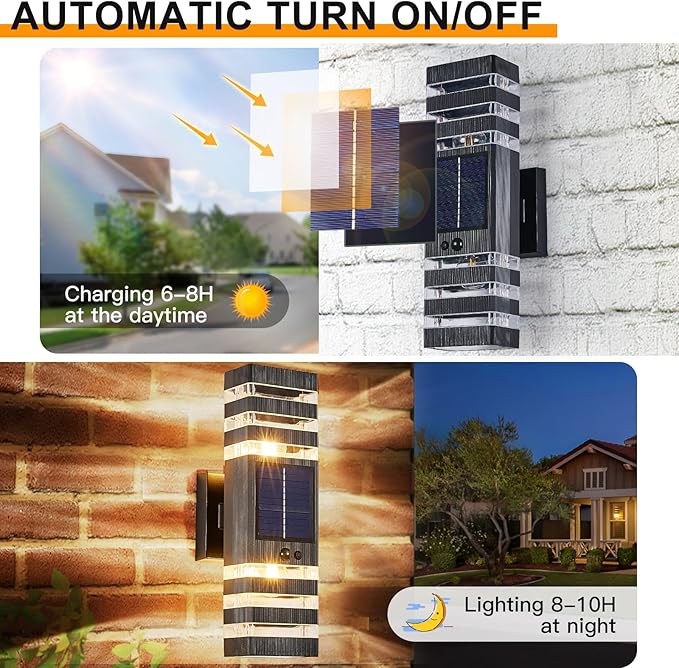 2 Pack Solar Outdoor Wall Lights with Motion Sensor 3-Mode Motion Outdoor Sconces 3000K 500LM Dusk to Dawn Solar Porch Light Fixtures Modern Up Down Exterior Wall Lamp for House Garage Front Door