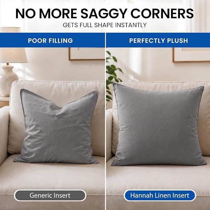 Hannah Linen Throw Pillow Inserts 18x18 – 4 Pack Square Cushion | Decorative Cushion Stuffers for Couch, Sofa & Bed – Soft Fluffy Polyester Filled Pillow Inserts for Indoor Home Décor