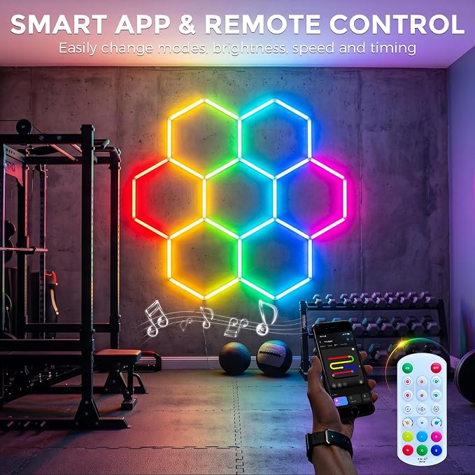 RGB Hexagon Garage Lights 7 Hex, Duplex Signal RGB Hexagon Led Lights with Music Sync Mode, Easy Setup RGB Ceiling Lights for Garage, Gym, Studio, Gaming Room, Party, Bar