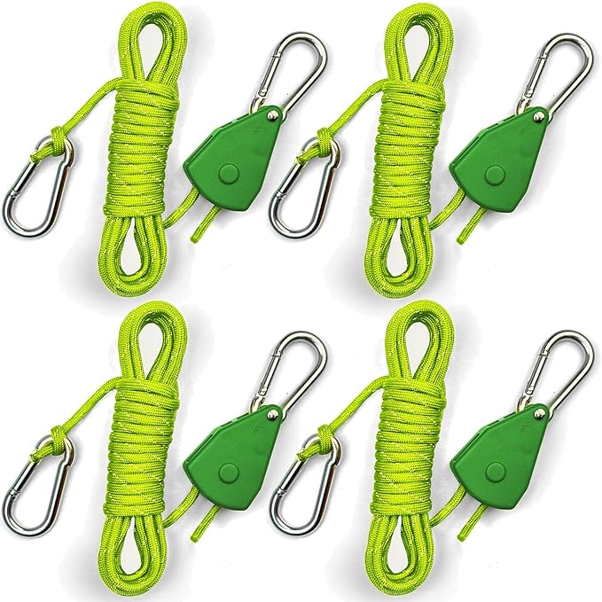 Longer 15ft Paracord Rope Tie Down Ratchet Strap Small Reflective Portable Adjustable Fix Camping Rope Tent Tarp Tie Downs Grow Plant Light Hangers Pulley Tightener Tensioner Adjuster 1/8in 4Pack