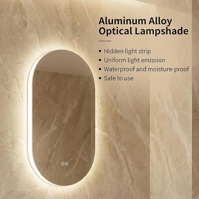 LAIYA 24V Full-Power Oval LED Bathroom Vanity Mirror, 40X24inch Frameless Backlit Mirror with Light, Smart Anti-Fog Waterproof Mirror with Memory Function Dimmable Lighted Mirror