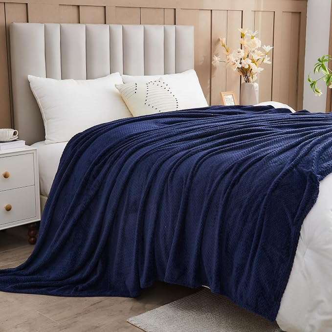 NEWCOSPLAY Fleece Leaves Pattern Twin Blanket, Dark Navy, 60"x80" | Super Soft Throw Blanket, Lightweight Cozy Bed Sofa Blanket, Premium Silky Flannel Fleece, Travel Blanket for All Season Use