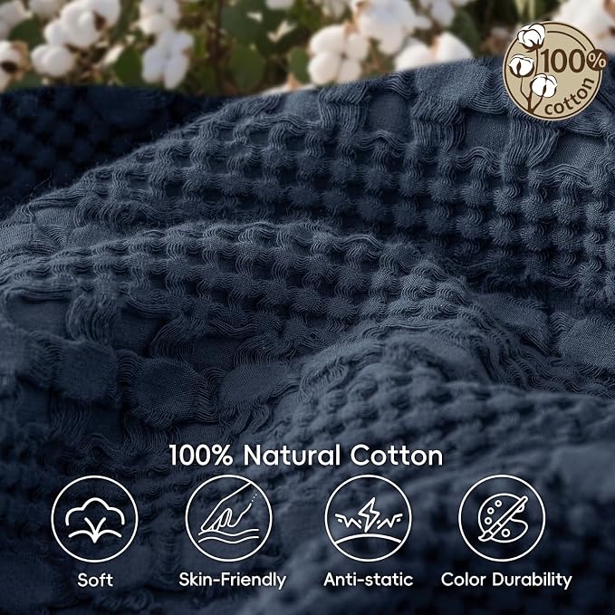 PHF 100% Cotton Waffle Weave Blanket King Size, Lightweight Breathable Summer Blanket for Hot Sleepers, Pre-Washed Soft Layer for Bed, Couch, Home Decor Gift, 108"x90", Indigo
