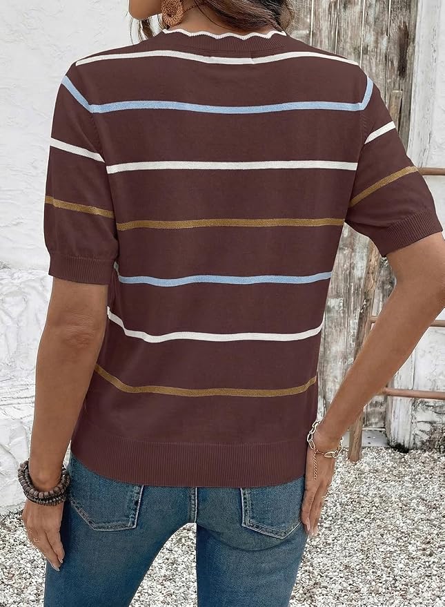 Dokotoo Womens Summer Short Sleeve Knit Tops 2026 Spring Trendy Casual V Neck Striped Sweater Blouses