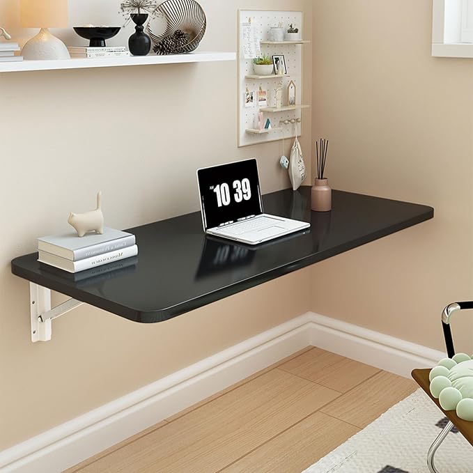 Laundry Folding Table,Wall Mounted Folding Table,Floating Wall Desk for Small Spaces,Functional Hanging Desk for Home Office Study Work Bench, Kitchen Dining(Black 39.4×19.7inch