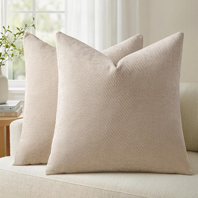 a moment Pack of 2 Decorative Chenille Throw Pillow Covers with Twill Cushion Covers for Sofa Living Room Couch Bed 18x18 Inch Beige