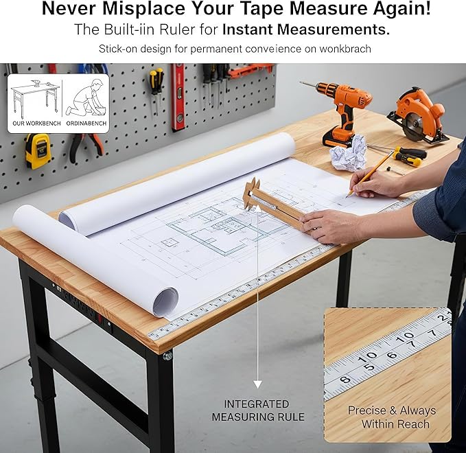 60" Adjustable Workbench with Drawer, 2000 LBS Heavy Duty Work Bench with Power Outlet and Fixed Legs, Sturdy Steel Frame with Rubber Wood Top, Work Table for Garage, Office, Home, Commercial