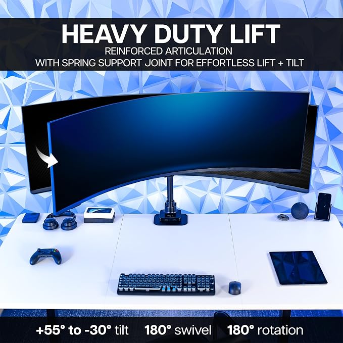 VIVO Clamp-on Single Ultra Wide Monitor Desk Mount, Low Profile Heavy Duty Adjustable Stand for 1 Ultrawide Screen up to 57 inches, 59.4 lbs Capacity, Black, STAND-V157C
