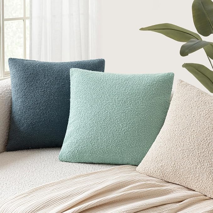 Foindtower Pack of 2 Textured Boucle Throw Pillow Covers Accent Solid Pillow Cases Cozy Soft Decorative Couch Cushion Case for Couch Chair Sofa Bedroom Living Room Home Decor 18x18 Inch Aqua Blue