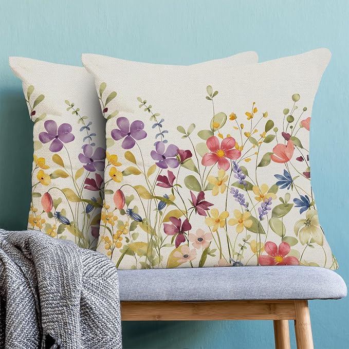 AEIOAE Spring Pillow Covers 18x18 Inch Set of 2, Colorful Wild Flower Leaves Plant Throw Pillows Case,Seasonal Floral Outdoor Decorative Farmhouse Decor Cushion Covers for Home Sofa Bed Couch