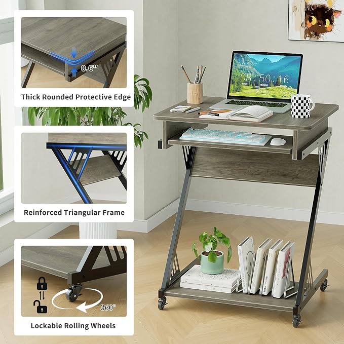 ALISENED Computer Desk for Small Spaces Compact Desk with Keyboard Tray | 23.6" Z-Shaped, with Wheels and Bottom Shelves, for Home Office, Computer Cart Mobile Laptop Cart, Grey
