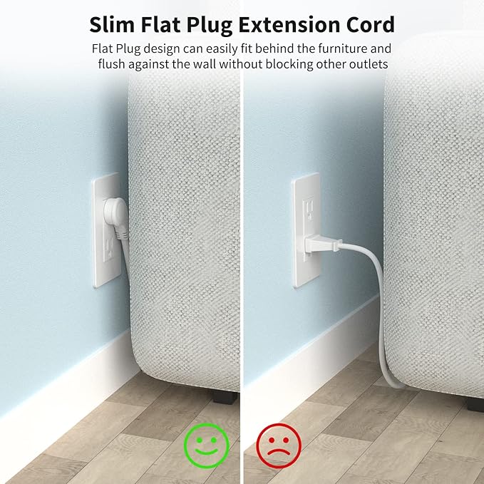 FIRMERST 1875W Flat Plug Extension Cord 3 Feet 14 AWG 15A White, 2 Packs
