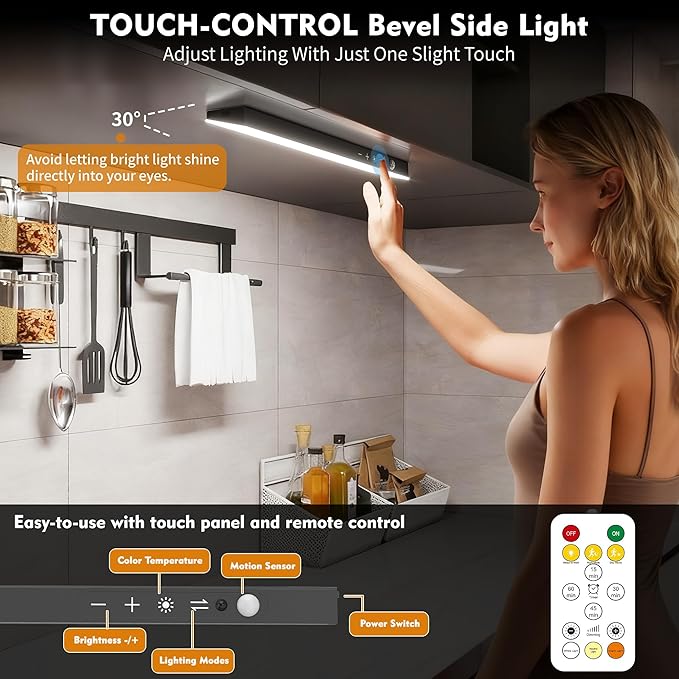3Pack Touch Control Under Cabinet Lighting, 160LED Super Bright, 4000mAh Long-Lasting, Magnetic Rechargeable Motion Sensor Under Counter Lights for Kitchen, Closet, Remote, Dimmable, 3CCT丨Black
