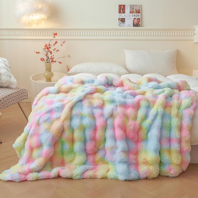 LIFEREVO Luxury Fluffy Faux Rabbit Fur Throw Blanket 50x60, Rainbow | Soft Plush Bubble Blanket for Bed Couch Sofa Office, Decorative Cute Tie Dye Shaggy Lap Throw for Kids Girls Adults, Washable
