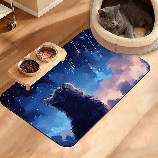 Cat Dog Food Mat,Starry Night Absorbent Pet Feeding Mat for Food and Water Bowl,Quick Dry Dog Placemat Non Slip Rubber Backing Waterproof Pet Supplies 16" x 24"