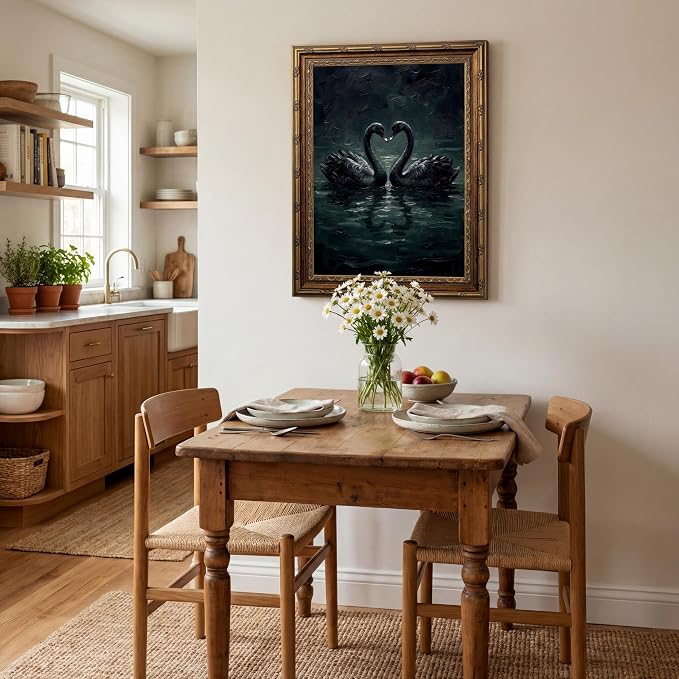 Vintage Gold Framed Gothic Wall Art Moody Love Black Swan Canvas Print | Dark Academia Swan Painting Print, Romantic Vintage Animal Poster Picture Wall decor for Bedroom Living Room Office 8x10 In