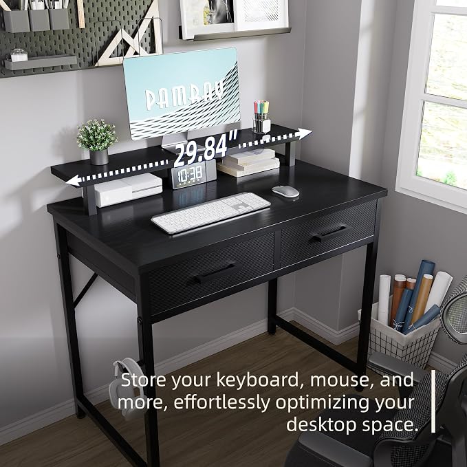 Pamray 32 Inch Small Computer Desk with Monitor Stand and 2 Drawers | Small Gaming Desk, for Bedroom Apartment and Dorm, for Study Work and Writing, Small Spaces, Sturdy, Easy Assembly