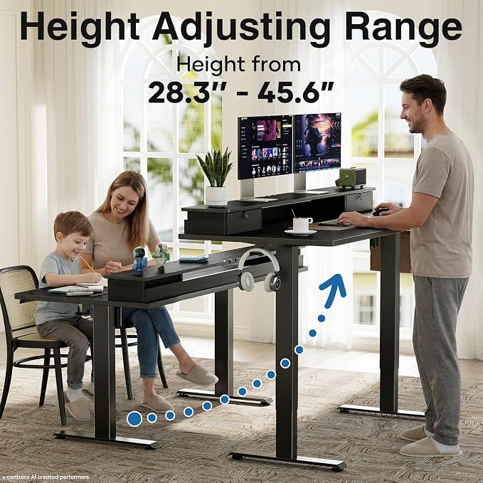 Veken 47x28 in Electric Standing Desk with Drawers, Adjustable Table, Black | Stand up Computer Desk for Home Office, Work & Study, with Storage, 3 Memory Presets, Cable Organizer, Hook, and Quiet Lift.