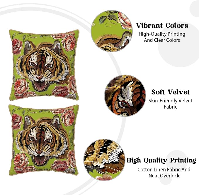 Tiger Flower Green Velvet Pillow Covers 20x20 Inch Pink Floral Animal Throw Pillows for Couch Cushion Covers Pillowcase Farmhouse Modern Pillow Cases for Sofa Bed Living Room Bedroom
