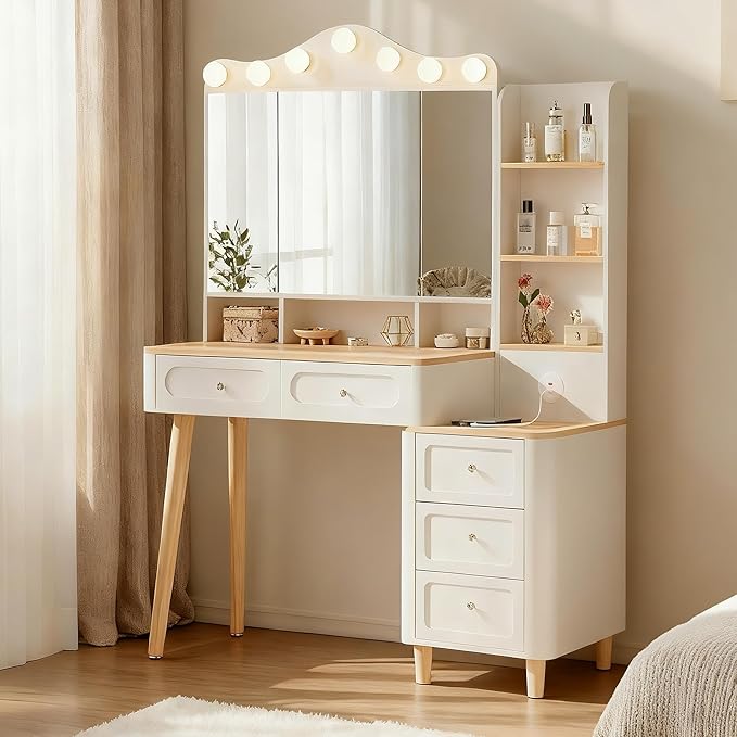 Vanity Desk with Mirror and Lights,Makeup Vanity with 2 USB Power Strip,Vanity Set with Two Drawers and Three-Drawer Chest, 3 Lighting Modes Adjustable Brightness, Foldable Three-Sided Mirror