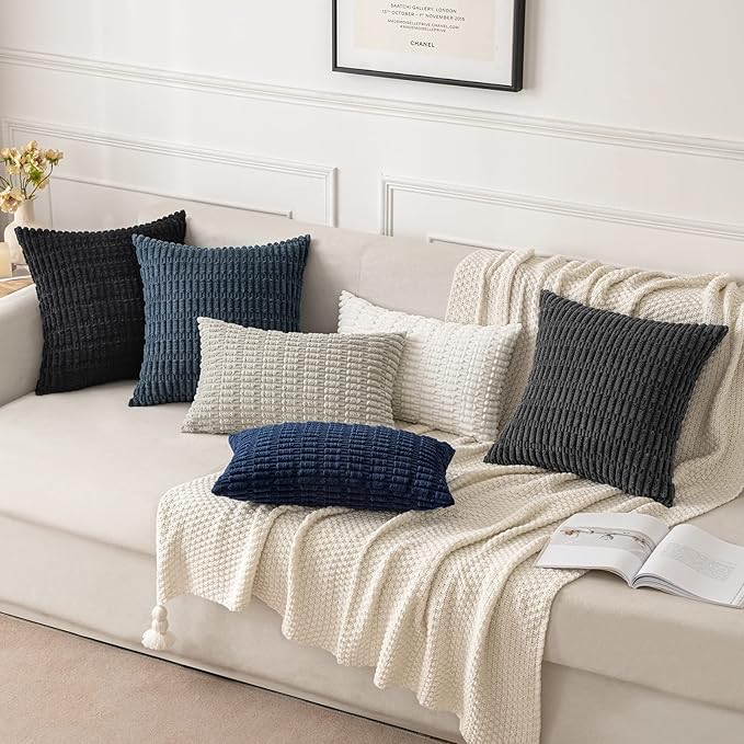 MIULEE Pack of 2 Corduroy Decorative Throw Pillow Covers 18x18 Inch Soft Boho Striped Pillow Covers Modern Farmhouse Home Decor for Sofa Living Room Couch Bed Black