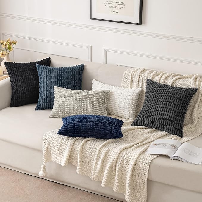 MIULEE Pack of 2 Corduroy Decorative Throw Pillow Covers 20x20 Inch Soft Boho Striped Pillow Covers Modern Farmhouse Home Decor for Sofa Living Room Couch Bed Dark Grey