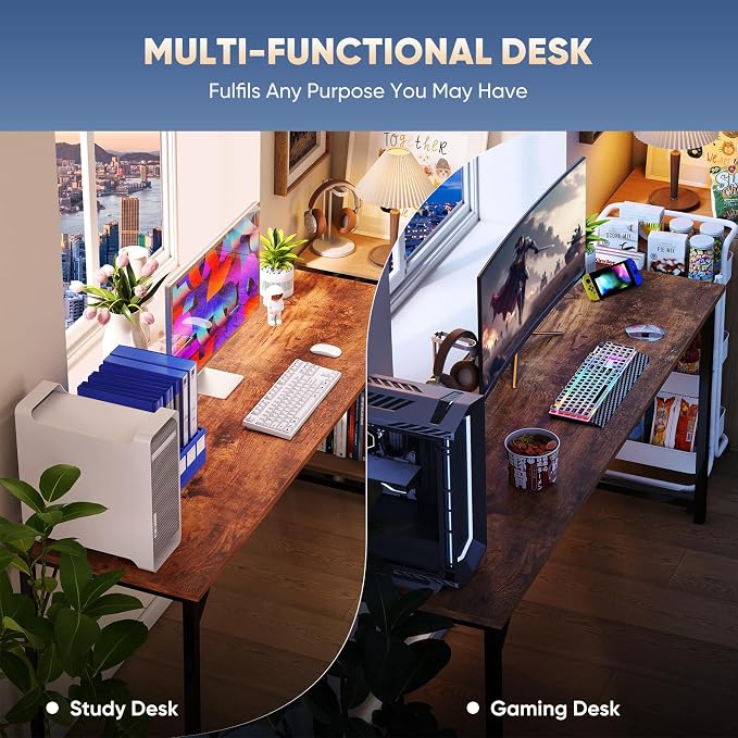 DUMOS 63 Inch Small Computer Desk, Gaming Desks for Home Office Bedroom | Modern Study Writing Work Table, Craft PC Desk Simple Workstation with Reinforcement Structure, Rustic Brown